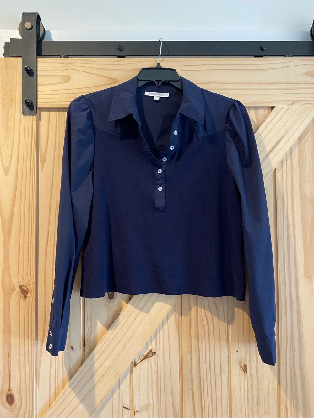 Single Thread long sleeve mixed fabric navy blouse, XL